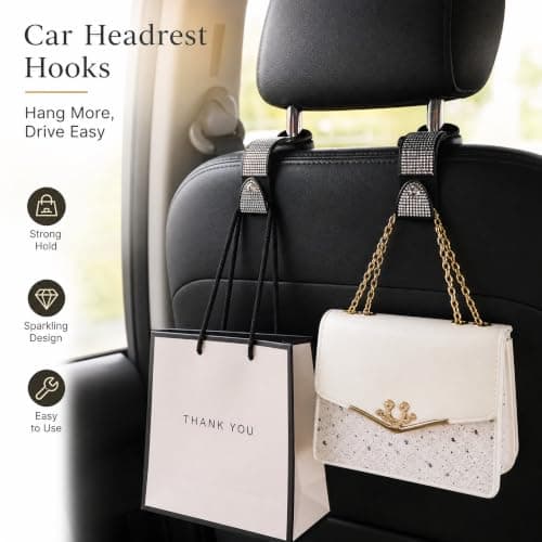 Amazleer Car Hooks, Bling Rhinestones Crystal Backseat Hanger, Universal Seat Back Organiser for SUV Truck Vehicle, 2 Pack (Silver) — view 4