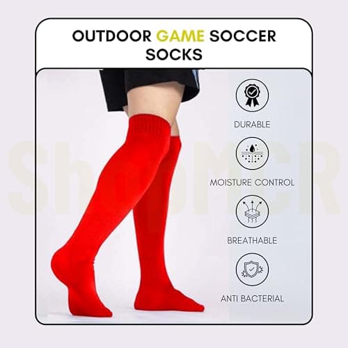 ShopMCR Unisex Football, Rugby, Hockey Sports Knee High Long Socks, Kids, Adults, juniors Knee High Football Socks Outdoor game Soccer Socks (3-6, Red) — view 3