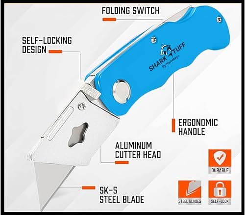 Shark-Tuff® Heavy Duty Folding Utility Knife with 10 Spare SK5 Blades | All Metal Sharp Craft Tradesman Camping Pocket Knife Cardboard Box Cutter with Belt Clip & Safety Lock UK Legal — view 2