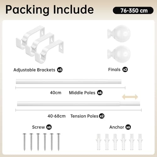 Curtain Poles for Windows 76 to 350 CM, 19MM Diameter Adjustable Drapery Rods for Eyelet Curtains, Extendable Metal Curtain Poles, for Living Room Bedroom, White — view 2