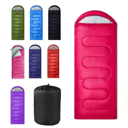 Sleeping Bag for Adults & Kids, 3‑4 Season Cold‑Weather Camping Gear with Carry Bag, Portable Lightweight for Hiking, Backpacking & Outdoor Music Festival (Red)