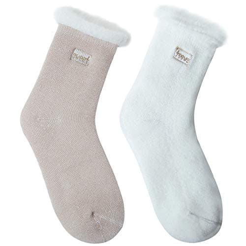 JARSEEN 2 Pairs Womens Wool Thermals Socks Warm Wool Pile Lined Insulated Thick Knitting Ladies Socks Winter Cute Embroidery (2 Khaki, UK 4-9) — view 3