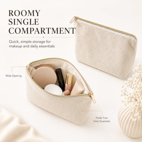 2 Pack Beige Corduroy Makeup Bags - 22x12x7cm Small Cosmetic Pouch Set with Metal Zip for Handbag Travel Toiletries Daily Storage — view 4