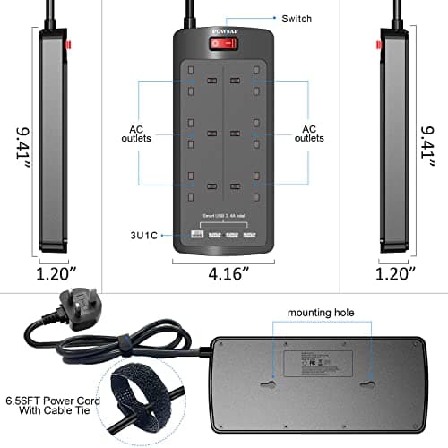 POWSAF 6 Way Extension Lead with 4 USB Slots (3.4A, 1 Type C and 3 USB-A Ports),Power Strip Extension Cord with 6 Plug Extension Socket and 2M Extension Cable for Home Office Travel,Black — view 3