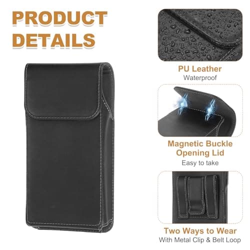 PATIKIL Phone Holder Belt Case, 6.7 Inch PU Leather Pouch Men's Waist Bell Clip Cases with Belt Clip for Universal Mobile Phone Outdoor Sport Travel, Black — view 3