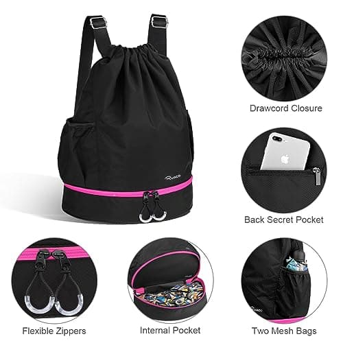 RYACO Drawstring Backpack Sports Gym Bag, Water Resistant String Sackpack Large Size with Zipper and Water Bottle Mesh Pockets for Gym Shopping Sport Yoga School Swimming Beach (Black & Pink) — view 2