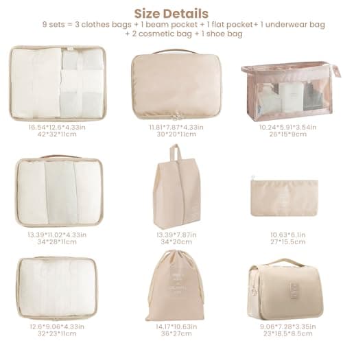 BAOWUABJ 9 PCS Packing Cubes for Suitcases, Packing Cubes Organiser Beige — view 2