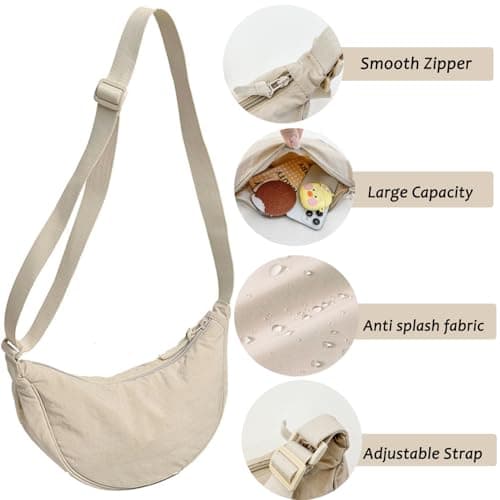 SUJIBHI Crescent Bag Nylon Dumpling Bag for Women Men Crossbody Bag with Adjustable Strap Solid Color Chest Bag Shoulder Bag Fanny Packs for Daily Use (Beige) — view 5