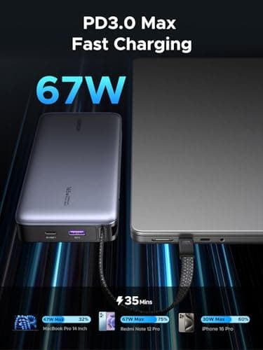 UGREEN Nexode 67W 20000mAh Power Bank 3-Way Output Built-in USB C Cable — view 2