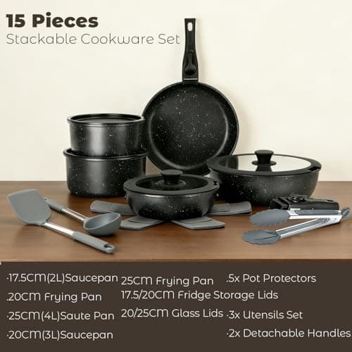 Nonstick Pots and Pans Set 17pcs, Induction Hob Pan Set, Kitchen Cookware Sets with Detachable Handle, RV Frying Pans, Saucepan Sets with Lids, Oven Safe — view 2