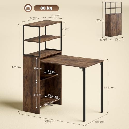 HOMCOM Folding Computer Desk with 4-Tier Bookshelf Study Table Rustic Brown — view 3
