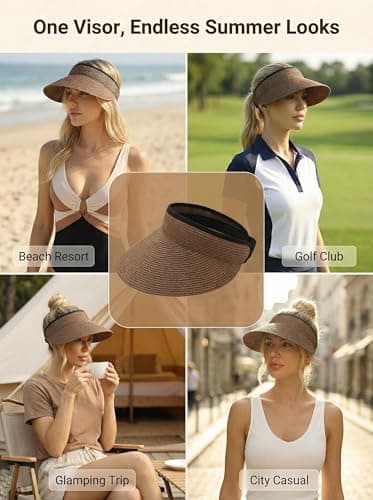 AlturaGo Sun Visor Hat for Women Summer Beach Vacation Essential Ponytail Friendly Travel Foldable Packable UPF 50+, Brown, One Size — view 3