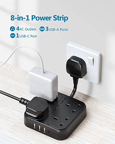 JSVER Extension Lead with 4 USB Ports Plug Extension with 4 Outlets (3250W) and 1 USB C Port,3 USB A Ports Power Socket Surge Protection for Home Travel, Black — view 2