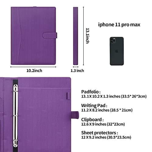Wonderpool A4 PU Leather Portfolio Holder Ring File Document Case with Removable Binder Clipboard, Multi Pocket and Legal Pad for Business Organizer Interview and Meeting (Purple) — view 3