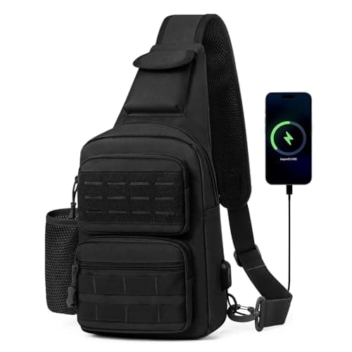 HUNTVP Sling Bag with Water Bottle Holder for Men Women, MOLLE Tactical Water Resistant Chest Bag with USB Port, Lightweight Crossbody Shoulder Backpack for Travel, Hiking, Cycling