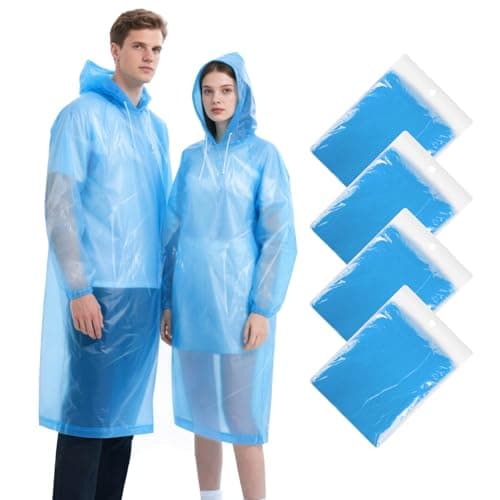 TIECHI Disposable Rain Poncho - 4 Pack Waterproof Poncho Emergency Raincoat Women Adult Kids Ponchos Family Pack with Hood and Sleeves for Festival Essentials, Theme Park, Fishing, Camping