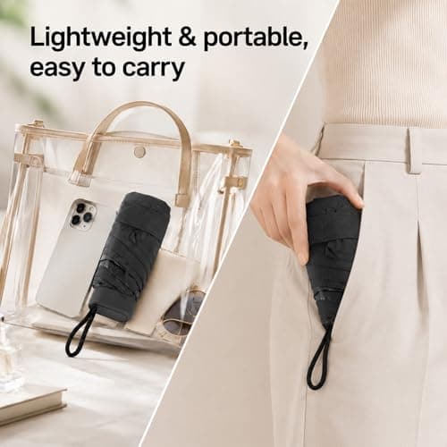 BREEZENEST Mini Travel Umbrella UPF 50+ Sun & Rain Protection, Windproof Compact Folding Umbrella for Women Men, Lightweight Pocket UV Parasol with Leakproof Case, Small Portable Umbrella (Black) — view 2