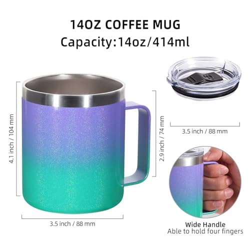 Volhoply 14oz Insulated Stainless Steel Coffee Mug with Leakproof Lid,Double Wall Vacuum Travel Coffee Cup with Handle,Reusable Metal Tumbler,Camping Mugs Keep Hot,Christmas Gifts(Purple Green,1) — view 2