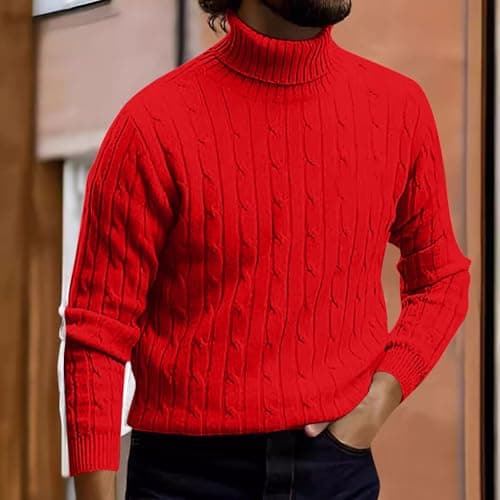 XMWSPO Men's Cable Knit Turtleneck Sweater,Long Sleeve Warm Sweatshirt — view 2