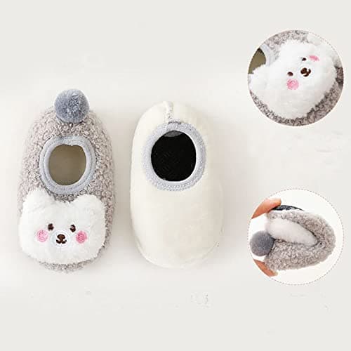 FedMois 3 Pairs Baby Boys Girls Non-Skid Indoor Fuzzy Slipper Shoes Socks Winter Warm, Pink, Grey and Beige, 12-18 Months — view 4