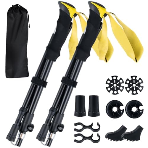 COSTWAY 2 Pack Telescopic Trekking Poles, Portable Aluminum Hiking Sticks, Lightweight Walking Poles for Camping Backpacking (with EVA Foam Handles & Carry Bag, Folding, Yellow)