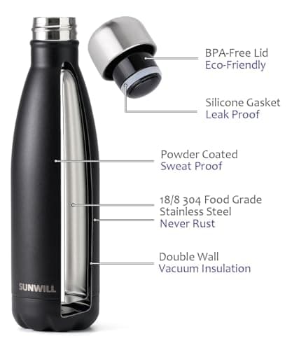 SUNWILL Insulated Water Bottle Metal, 500ml Stainless Steel Reusable Thermal Flask for Cold and Hot Drink, Travel, Sports, Gym, Powder Coated Black — view 2