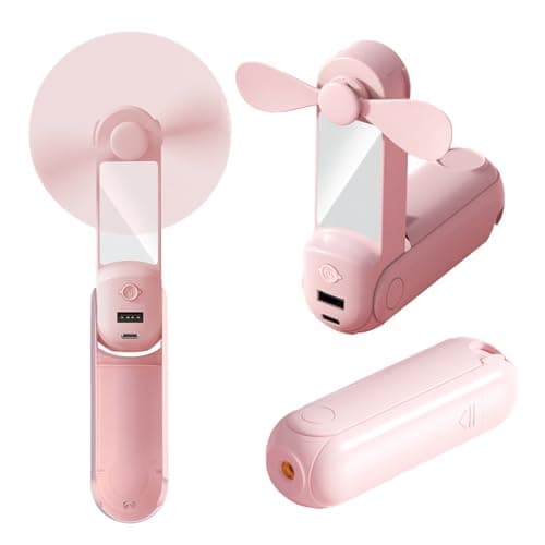 CNMTCCO Handheld Fan,5 In 1 Mini Portable Fan USB Rechargeable [13-20Working Hours]with Hanging Rope,Powerbank,Flashlight,Mirror and Mobile Phone Holder for Travel,Summer,Outdoor,Gifts for Women(Pink)