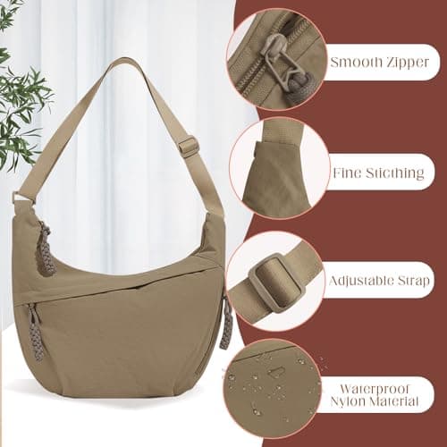 LOCCY Crescent Bag for Women, Nylon Crescent Crossbody Bags Half Moon Bag Dumpling Bag Hobo Shoulder Bag Multi Pockets with Adjustable Strap for Travel Shopping Work (Dark Khaki) — view 5