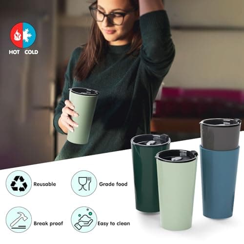 Greentainer Travel Mugs with Lids, Plastic Large Unbreakable Coffee Cups, 600ml Reusable to Go Camping Coffee Tumbler for Cold Water, Beer, Milk, Dishwasher & Microwave Safe, Set of 4 — view 3