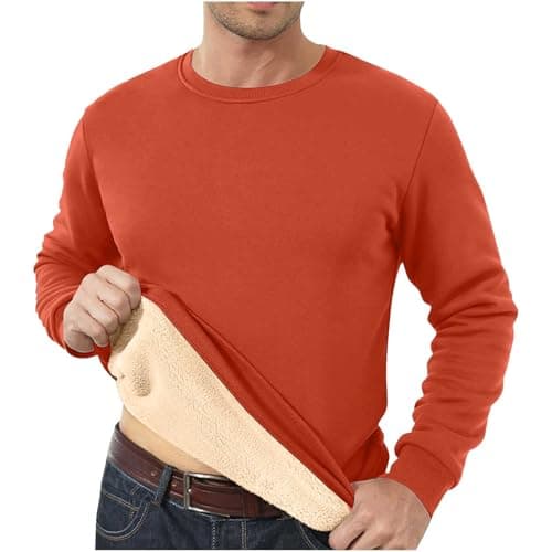 Mens Sweatshirts Warm Fleece Jumpers Sherpa Lined Pullover Sweater Classic Winter Sweatshirt Mens Fleece Lined Sweatshirts Warm Jumper Winter Crewneck Sweater Thermal Pullover Orange