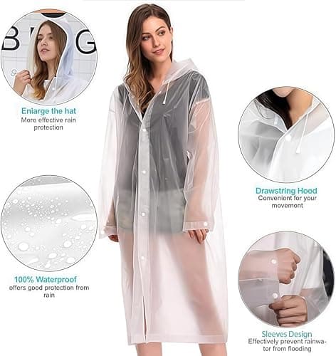 GUKOY Rain Poncho Raincoats, [2 Pack] EVA Reusable Rain Coat Jacket with Hood, Rain Cover Poncho for men and women（White+Grey） — view 3