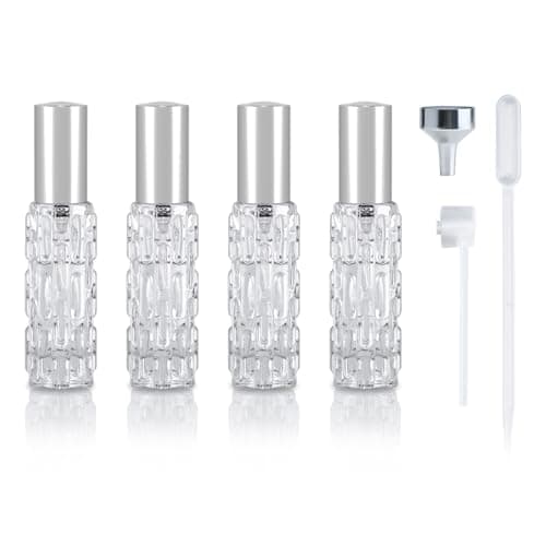 YoHyien 4 Pcs Travel Perfume Atomiser Refillable 10ml, Glass Perfume Travel Bottle, Portable Aftershave Atomiser Spray Bottle, Mini Fragrance Decanter for Handbag, Pocket, and Purse (Silver)