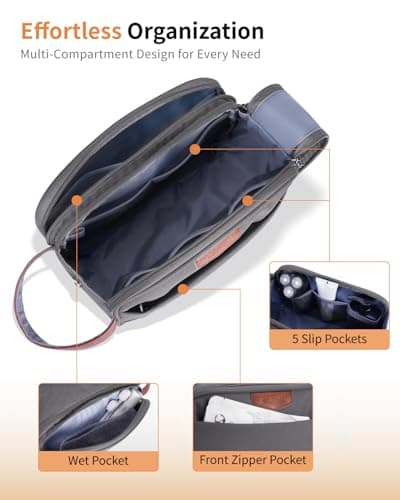 ECOHUB Wash Bag for Men, Water-Resistant Travel Toiletry Bag with Wet Pocket, Recycled Dopp Kit Shaving Bag Fit Full Size Toiletries, Wide-Open Dual Zipper Cosmetic Makeup Organizer Bag, Grey — view 6