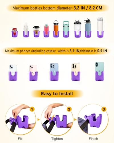 Universal Stroller Cup Holder with Mobile Phone Case, 2-in-1 Strollers Storage Rack, 360 Degrees Rotation Drink Holder for Bike, Pushchair, Wheelchair, Walker,Bicycle, Fits Most Cups (Purple) — view 5