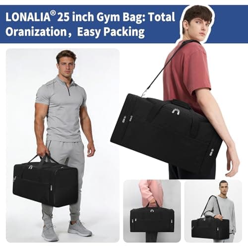 LONALIA 54L Large Holdall Duffle Bag for Men - 25 inch Weekend Overnight Bags for Travel Gym Sports (Black) — view 6
