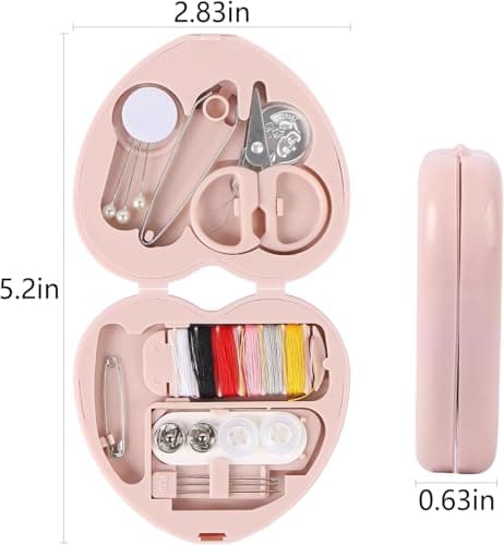 Heart Shaped Portable Travel Sewing Repair Kit - Mini Box with Threads, Scissors, DIY Hand Sewing Needles, Pink — view 2