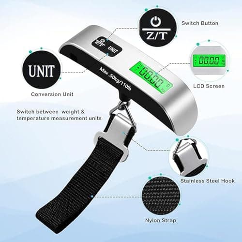 Digital Luggage Scale with Temperature Sensor – 110lb/50kg Capacity, Backlit LCD, Tare Function, Lightweight & Portable - Black — view 6