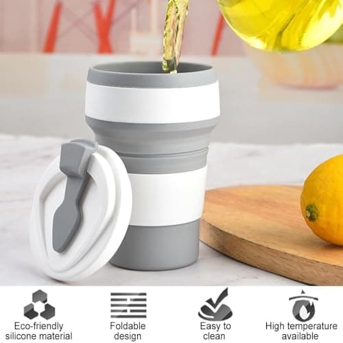 Accmuzzy 2 Pack Collapsible Cup with Lid,Camping Travel Mugs for Hot Drinks,Coffee Cup Travel,Foldable Cup for Picnic,Camping,Hiking,Office (1 Grey 1 Purple) — view 6
