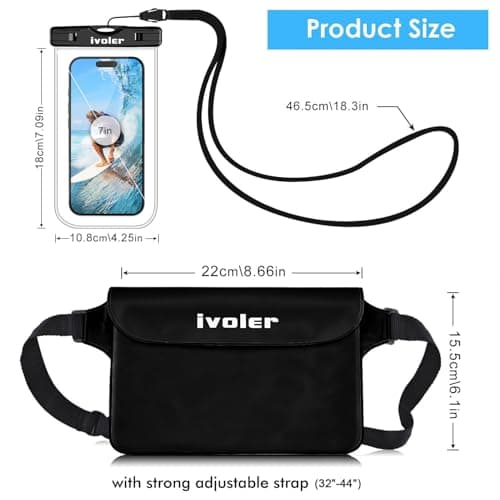 ivoler [2 Pack Waterproof Phone Case & Pouch Set, IPX8 Dry Bag with Waist Strap for Beach, Swimming, Kayaking, Fits iPhone 17 16 15 Pro Max, Samsung S26 S25 Ultra, Up to 7.0" - Black+Clear — view 2