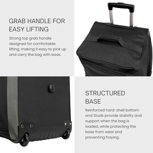 Rocklands® Lightweight Wheeled Holdall Medium Duffle Trolley Suitcase Thick Heavy-Duty Cross Nylon EVA-Backed Front, Hard Base Travel Bag (Medium - 28" (H72xW37xD36 cm), Black) — view 5