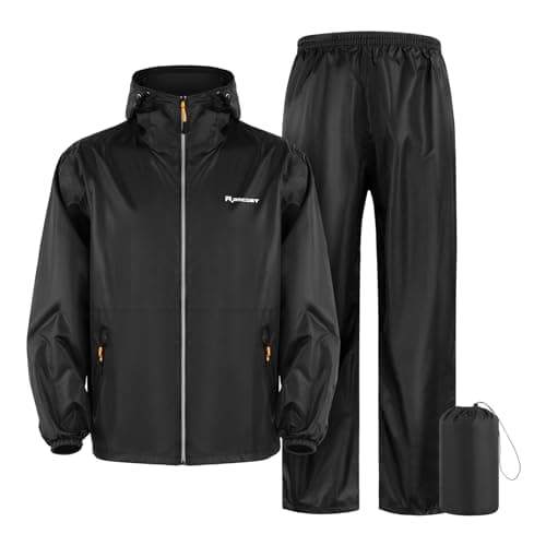 SOPPY Waterproof Rainsuit Jacket Pants Suits for Men Women, Hooded Rain Jacket Waterproof Rain Coat with Trousers, Packable Raincoat Sets with Carrying Bag for Fishing Hiking Camping (Black, L)