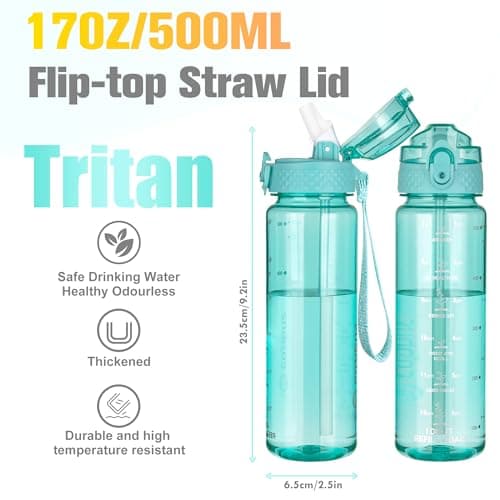 GOPPUS 500ml/17oz Kids Water Bottles with Straw Tritan Childrens Bottle with Flip Top Lid BPA Free Measured Drinks Bottle with Strap Sports Reusable Time Markings Leakproof (Transparent Mint Green) — view 2