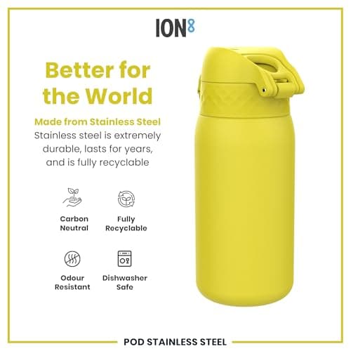 ION8 Lightweight Steel Kids Water Bottle, 400ml/13oz, Non-Insulated, Leak Proof, Easy to Open, Secure Lock, Dishwasher Safe, Fits Cup Holders, Carry Handle, Metal Water Bottle, Yellow — view 5