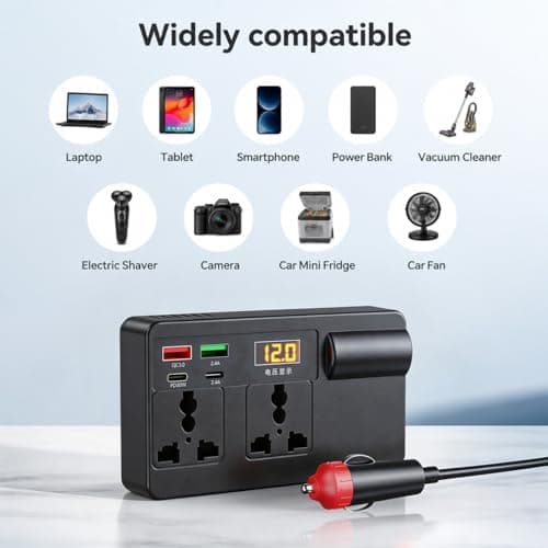 ideallife 200W Car Voltage Converter Inverter,12V/24V to 220V Converter with 2 AC Sockets & 4 USB Ports (PD30W & QC3.0 Fast Charge), Fast Charging Car Voltage Converter Inverter for SUV Van Truck — view 6