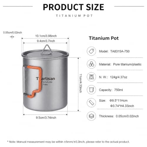 Ti artisan Titanium Cup Camping Pot Ultralight Titanium Mug 750ML Camping Cup Titanium Pot with Foldable Handles and Lid for Outdoor Camping Hiking Backpacking (750ML) — view 2