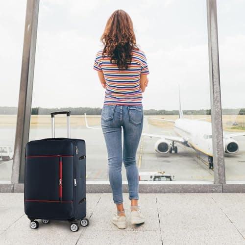 CMY Cabin Suitcase Soft Shell Super Light Weight 4 Spinner Double Wheels Durable Luggage Carry On Expandable 3 Digit Combination Lock 20 Inch (Navy) — view 3