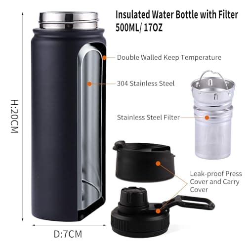 Sivaphe Insulated Water Bottle with Tea Infuser Filter and 2 Lids Drink Flask Stainless Steel for Camping Picnic Hiking Home 500ml Black — view 2