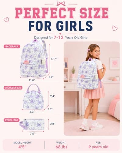 CAMTOP Girls Backpack with Lunch Box Set, Cute Bow School Backpack for Kids, 3-in-1 Lightweight Lunch Bag and Pencil Pouch, Purple Flower White, One Size, Daypack Backpacks — view 4