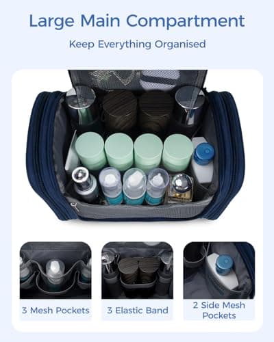 Large Hanging Toiletry Wash Bag Travel Makeup Cosmetic Organizer for Men Women by WANDF (Denim Navy Blue) — view 2