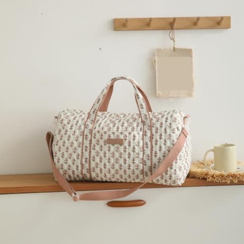 GSenhui Quilted Duffle Bag for Women Cute Baby Hospital Bag Floral Duffel Bags (Cream Vertical Floral) — view 3